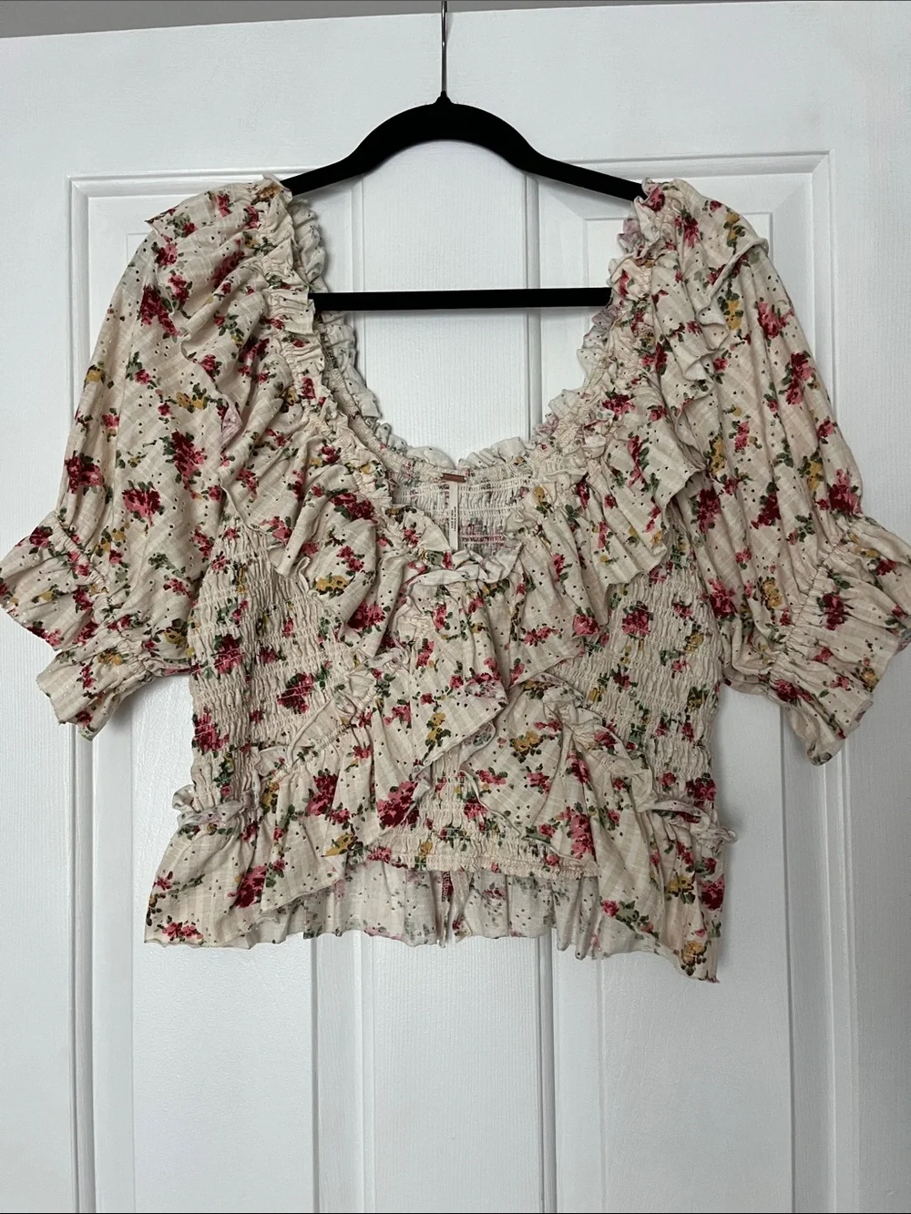 Free People Favorite Girl Smocked Floral Crop Top Cream Ruffle Shabby Chic M